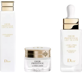 Set crema iluminadora, serum facial y loción exfoliante Dior Prestige Light-In-White para rostro, alta luminosidad, hidratación profunda y peeling suave, 50 ml + 30 ml + 150 ml
