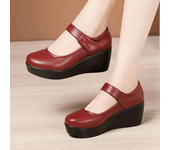 2024 Slope Heels Women's Mid to High Heels Autumn New Mid to Old Age Mom's Shoes Round Toe Cake Thick Sole Work Women's Shoes