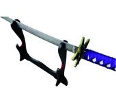 Soporte S2246 para Katana abierta y su funda hecho en madera negra y con tercipoleo rojo en la zona de apoyo de la katana y la funda