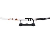 Katana 15343B de 102 cm hoja de acero, con vaina blanca con decoración de dragón, mango con encordado negro, con soporte