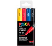 UNI Posca Estuche de 4 Rotuladores PC1M de Punta Cónica Extra Fina de Colores Básicos