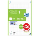 Oxford recambio classic 1 color 100h + 20h gratis a4 90gr 5x5mm 4/taladros banda verde