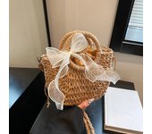 Straw Bag Women Hand-Woven Handbag Moon Shape Lace Bow Rattan Bag Big Capacity Drawstring Casual Beach Shoulder Crossbody Bag