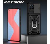 KEYSION Shockproof Case for Realme Narzo 50 Push Pull Camera Protection Ring Stand Phone Back Cover for OPPO Realme Narzo 50