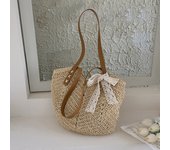 Summer Straw Bags for Women Ribbon Shoulder Bags Rattan Woven Top Handle Bag Hollow Raffia Crochet Beach Bag Casual Handbags