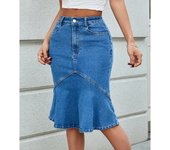 Women High Waist Denim Skirts Knee Length Stretch Jeans Skirt