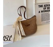 Vintage Women Woven Shoulder Bag Solid Color Lace Ribbon Tote Handbags Wicker Boho Straw Bag for Summer Beach Handle Beige Bags