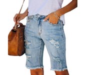 Women Summer Knee Length Shorts Ladies Denim Jean Ripped Hole Short Pants