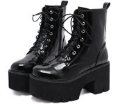 Gdgydh Woman Lace Autumn Boots Womens Ladies Chunky Wedge Platform Black Patent Leather Ankle Boots Punk Goth Shoes Lace Up