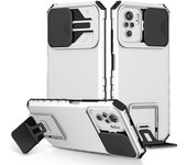 KEYSION Shockproof Case for Xiaomi POCO M5S Push Pull Camera Protection Live Stand Phone Back Cover for Redmi Note 10S 10 Pro 4G