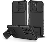 KEYSION Shockproof Case for Xiaomi POCO M5S Push Pull Camera Protection Live Stand Phone Back Cover for Redmi Note 10S 10 Pro 4G