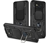 KEYSION Shockproof Armor Case for Xiaomi POCO X3 NFC Ring Stand Push Pull Camera Protection Phone Cover for POCO X3 Pro M3 Pro