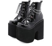 Gdgydh Punk Style Square Toe Ankle Booties for Women Chunky Heel Motorcycle Boots with Chain Detail Dress Occasions Party Shoes