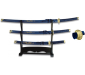 Juego De Katanas de decoración Serie Dragón En Color Azul con hoja de carbono . Incluye peana 31515-AZ