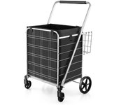 Costway Carrito de Compras Plegable de Metal con Forro Impermeable Carro de Malla para Supermercado y Lavandería Soporta hasta 150 kg