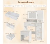 Costway Tocador de Maquillaje con Espejo y Luces LED de 3 Colores Juego de Tocador y Taburete con Estación de Carga Armario para Joyas Cajones Blanco