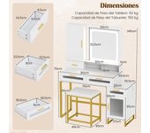 Costway Tocador de Maquillaje con Espejo Iluminado Juego de Tocador y Taburete con Estación de Carga Luces LED de 3 Colores Cajones y Estante Blanco