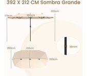 Costway Sombrilla de Patio de 392 cm de Doble Cara Parasol Grande de Tamaño Doble con Manivela y 12 Varillas Resistente para Mercado Jardín