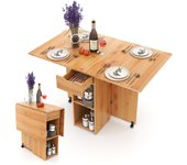 Costway Mesa de Comedor Plegable con 2 Ruedas Mesa Abatible para Espacios Pequeños con Estante Cajón Mesa Consola Versátil para Cocina