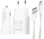 Pack 3 en 1 Cargador 2.1A Cargador de coche 2.1A y cable Micro-USB - Blanco
