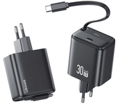 [GaN Tech] USAMS CC241 Cargador USB de 30W de 2 Puertos con Cable Telescópico Tipo-C Integrado PD QC Carga Rápida Adapta