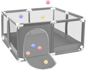Parque infantil con barrera para bebés, valla, hoyo, piscina, patio de juegos, cancha de baloncesto cubierta