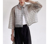Camisa de Hombre INCERUN de Malla Transparente a Cuadros con Solapa de 3/4 de Manga Corta Moda Ropa Casual Masculina Cam