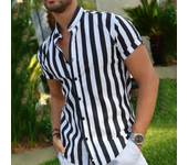 Camisas de rayas de manga corta con cuello alto para hombres