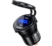 Cargador de coche metálico de 12-24V 90W con dos puertos USB tipo C PD de 45W cada uno y interruptor ON/OFF. Display de