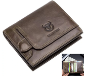BULLCAPTAIN Cartera de cuero genuino para hombres, cartera retro de gran capacidad, cartera bloqueadora de RFID, posició