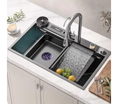 Fregadero de cocina profesional con cascada Nano,grifo extraíble de acero inoxidable con agujeros de montaje,lavabo de u
