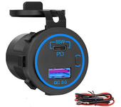 Cargador de coche de 2 puertos con carga rápida Dual USB QC3.0 + puerto PD de 65W de alta potencia con luz LED azul para