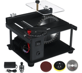 Sierra de mesa miniatura de 200W con enchufe EU. Velocidad de 3000RPM y ángulo ajustable de 0 a 90°. Altura ajustable pa