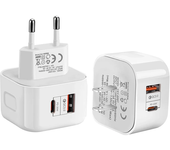 YSY-6087 Cargador USB PD de 20W con 2 puertos,Adaptador de carga rápida USB-A+USB-C PD QC3.0,Cargador de pared con enchu