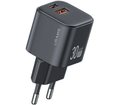 [GaN Tech] USAMS CC263 Cargador USB de 30W 2 puertos USB-A+USB-C Cargador de pared de carga rápida Enchufe EU para iPhon
