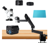 Microscopio estéreo zoom de 3.5X-45X con abrazadera de tipo plegable de base extensible y trinocular + cámara de video d