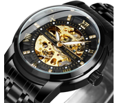 Relojes mecánicos clásicos Reloj de lujo con dial de diamantes Negro dorado Esqueleto automático para hombre Correa de a