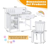 Costway Juego de Escritorio y Silla para Niños con Cajón Armario Amplia Superficie Mesa de Estudiar Infantil Blanco