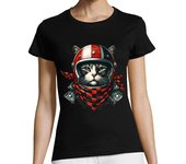 Camiseta Mujer Manga Corta Gato motociclista con casco genial retr laTostadora