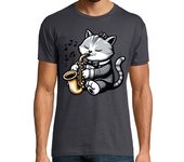 Camiseta Hombre Manga Corta gato tocando el saxofón laTostadora