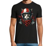 Camiseta Hombre Manga Corta Gato motociclista con casco genial retr laTostadora