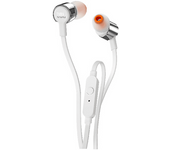 Auriculares de botón - JBL T210, De botón, Con cable, Micrófono, Control remoto, Blanco y Plata