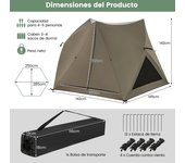 Costway Tienda de Campaña Portátil para 4-6 Personas con Toldo para Lluvia Claraboya 3 Puertas 3 Ventanas Tienda de Campaña Impermeable Verde