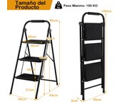 Costway Escalera Plegable de 3 Peldaños Taburete con Pedal Manija Acolchada Escalones Antideslizantes Portátil para Cocina Hogar Carga 150 kg Negro