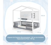 Costway Marco de Cama de Madera para Niños con Estantes Barandillas Ventana y Cerca Listones de Madera 206 x 97 x 192 cm Blanco y Gris