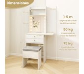Costway Mesa de Maquillaje con Espejo con Luces Set de Tocador con Estación de Carga Taburete con Cajones Estantes y Panel Plegable Blanco