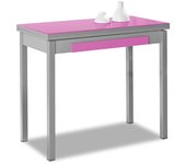 Mesa de cocina extensible de libro - 90x50 cm (90x100 cm) - estructura y tapa interior color aluminio - tapa superior cristal color fucsia
