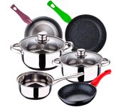 San ignacio bateria de cocina cassel de 5 piezas en acero inoxidable con juego de sartenes energy en aluminio forjado, negro y cromado