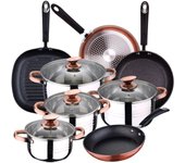 San ignacio bateria de cocina nona de 8 piezas en acero inoxidable con juego de sartenes y grill en aluminio, cromado y cobre