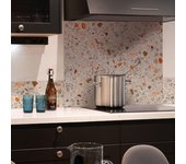 Pack panel antisalpicaduras de aluminio ignífugo satinado para cocina, terrazo naranja, panel 900 x 700 mm + 2 cenefas 1000 x 200 mm